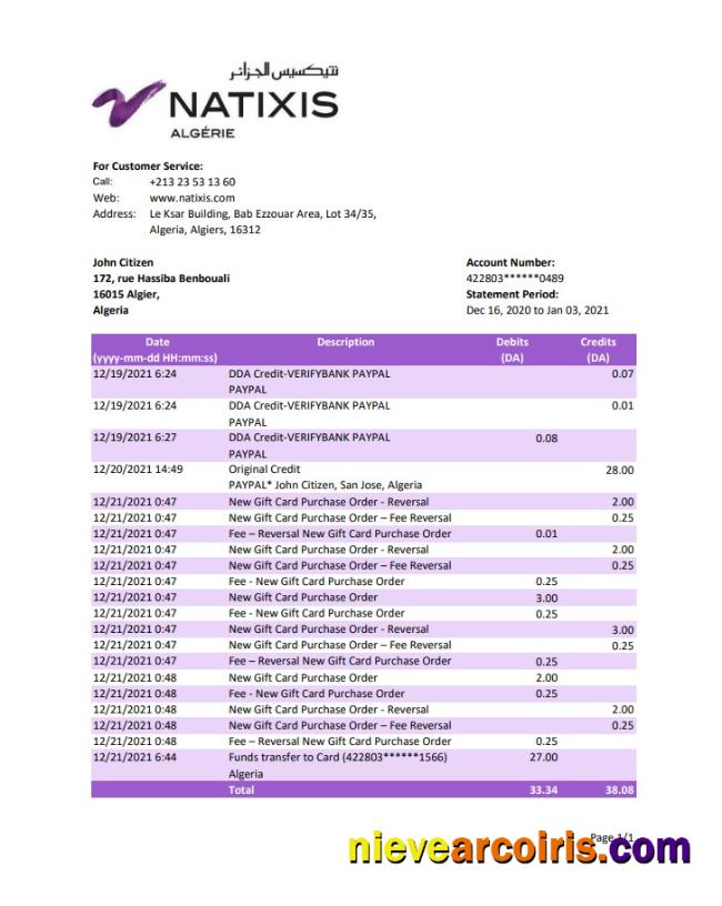 Algeria Natixis Algerie bank statement in Excel and PDF format